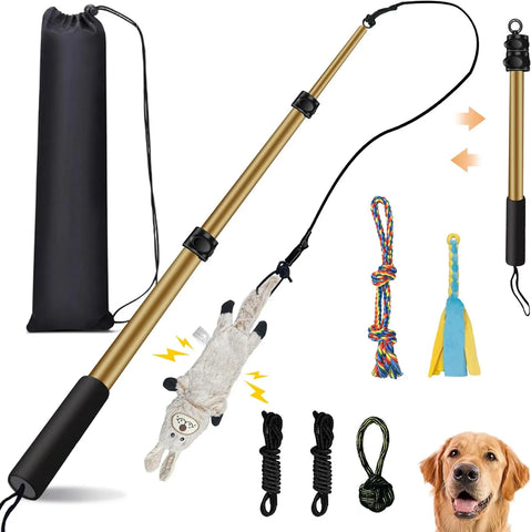 AmaCielo Flirt Pole dog toy with extendable pole, plush toy, ropes, and carrying bag for active play
