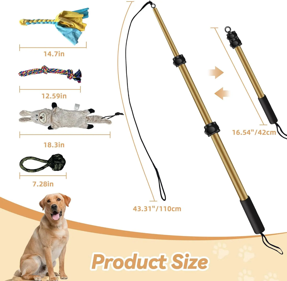 AmaCielo Flirt Pole with extendable handle and four different dog toys for interactive pet play