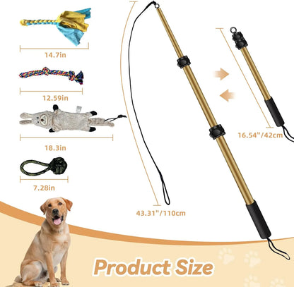 AmaCielo Flirt Pole with extendable handle and four different dog toys for interactive pet play