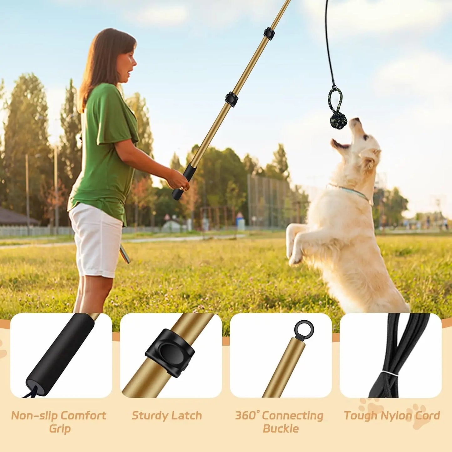 AmaCielo Flirt Pole with non-slip grip sturdy latch and tough nylon cord for dog play