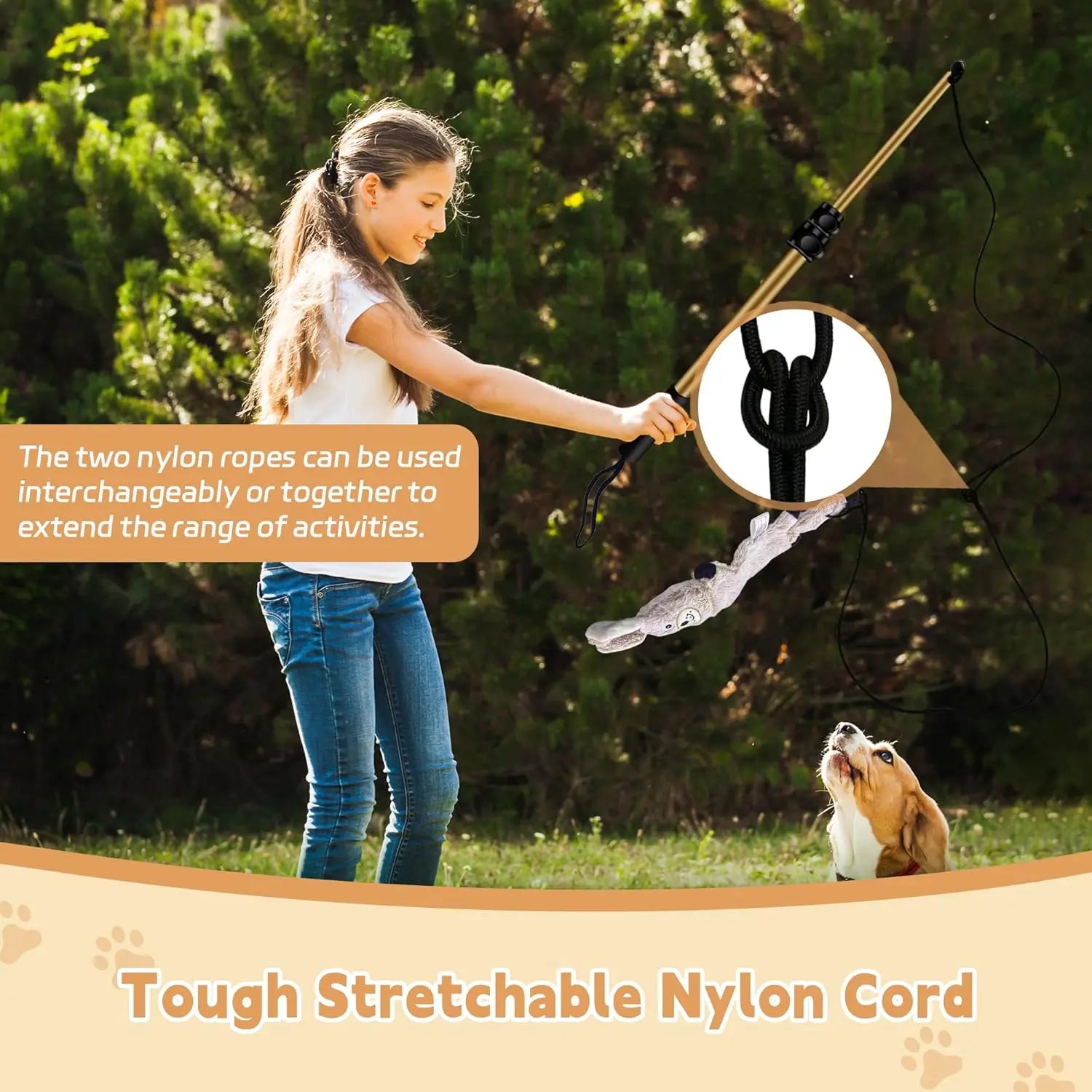 AmaCielo Flirt Pole with tough stretchable nylon cord used by girl playing with dog outdoors