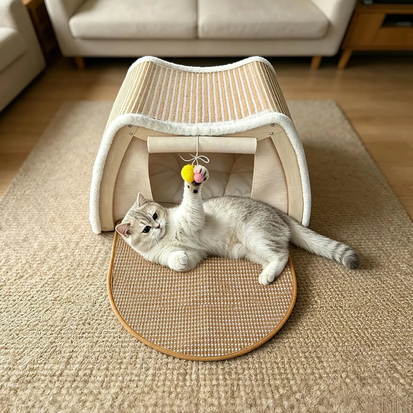Built-in cat scratcher mat folded flat to maximize apartment floor space