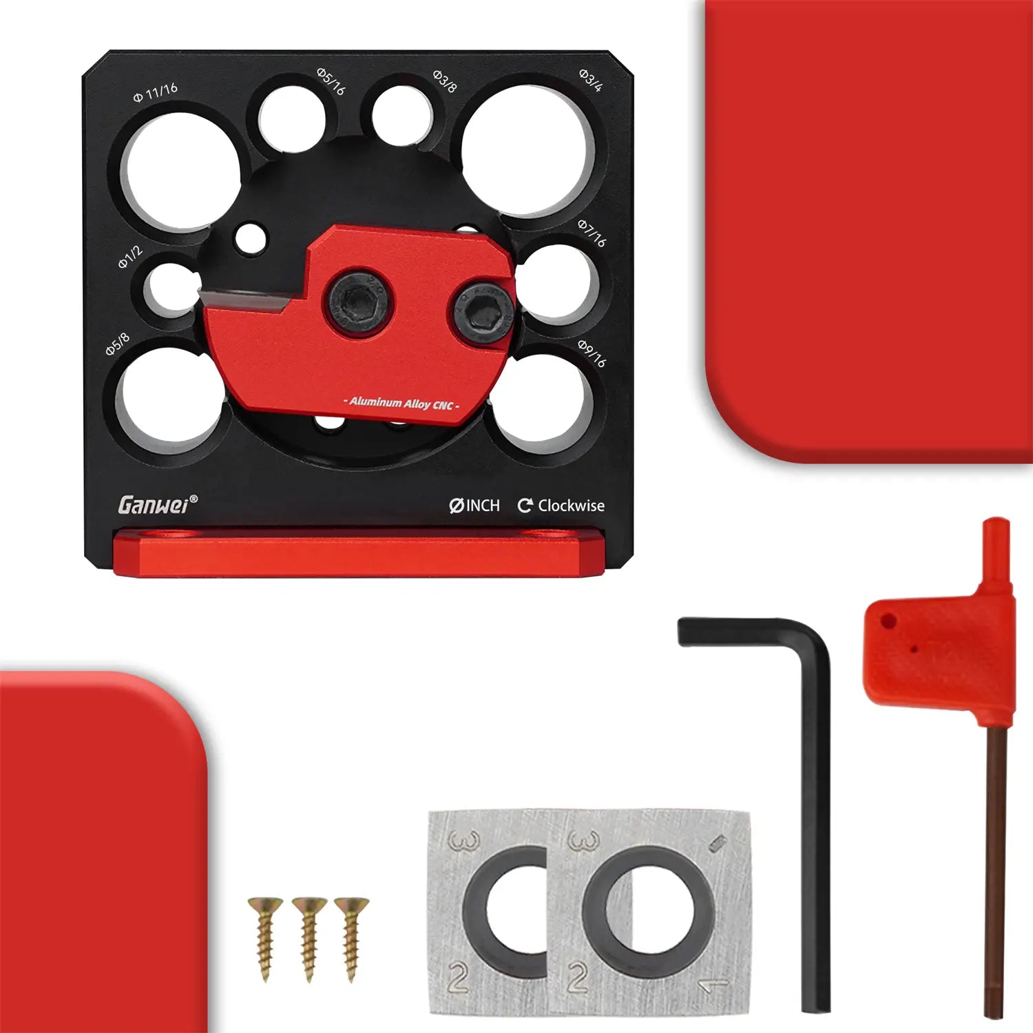 AmaCielo right angle attachment for drill with screws, hex key, and additional parts on white background