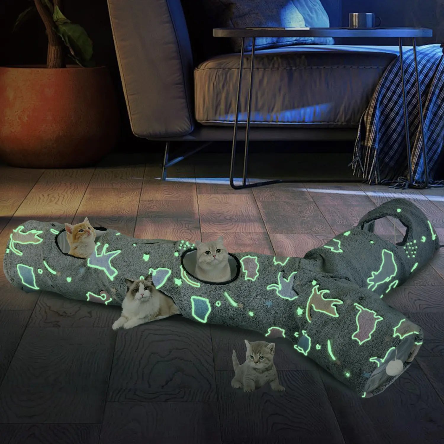 GRETMIX cat play tunnel with glow-in-the-dark patterns featuring multiple openings and cats inside