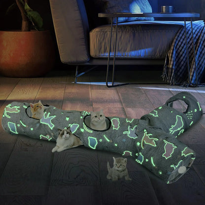 GRETMIX cat play tunnel with glow-in-the-dark patterns featuring multiple openings and cats inside