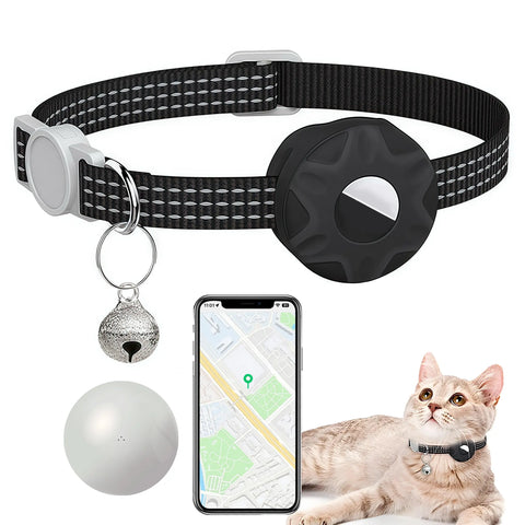 Black Gretmix cat tracker collar with reflective safety pattern