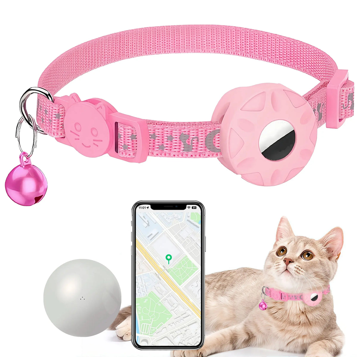 Pink Gretmix cat tracking collar with cute reflective pattern