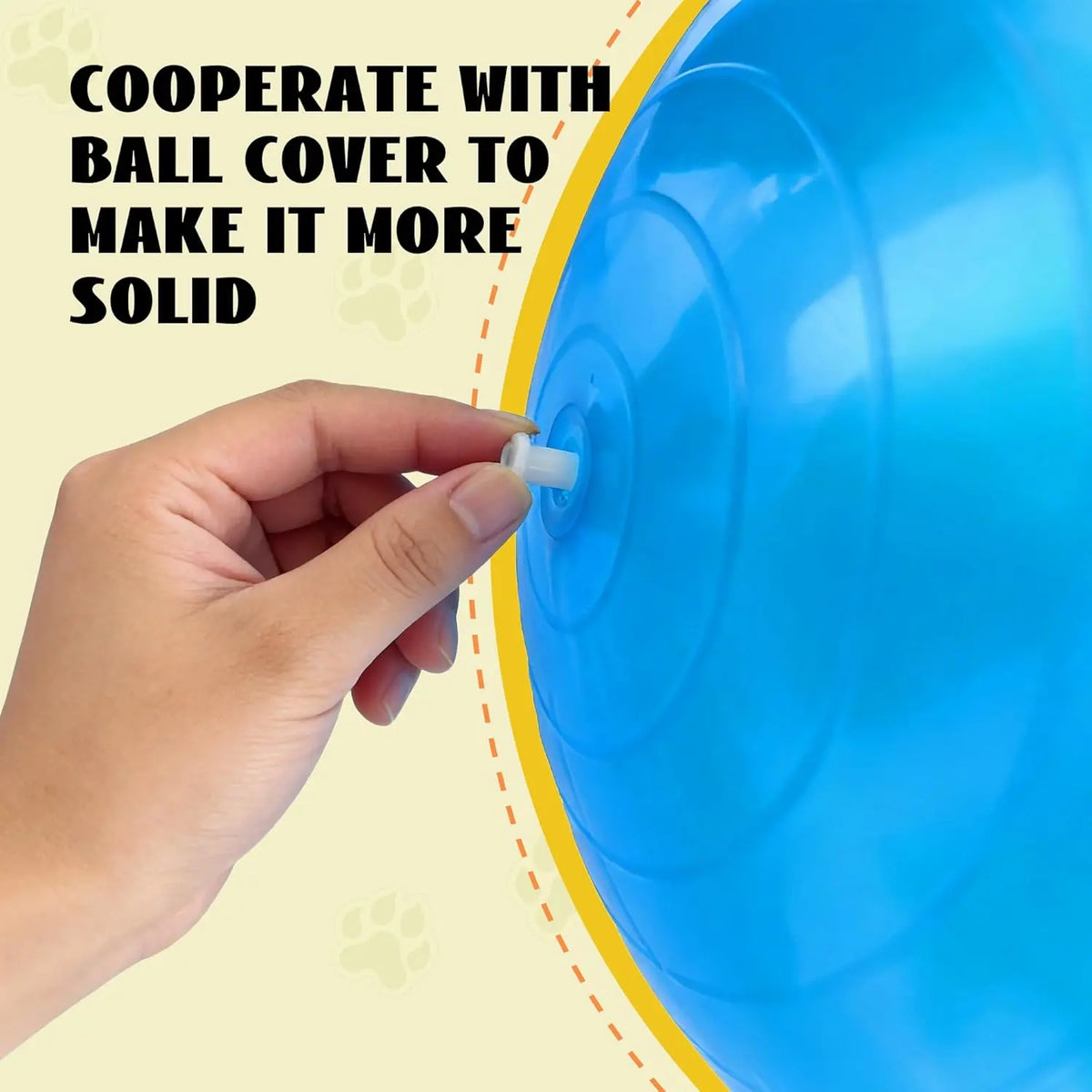 Hand attaching cover to blue herding ball for a dog for added durability by WarmMore Inc