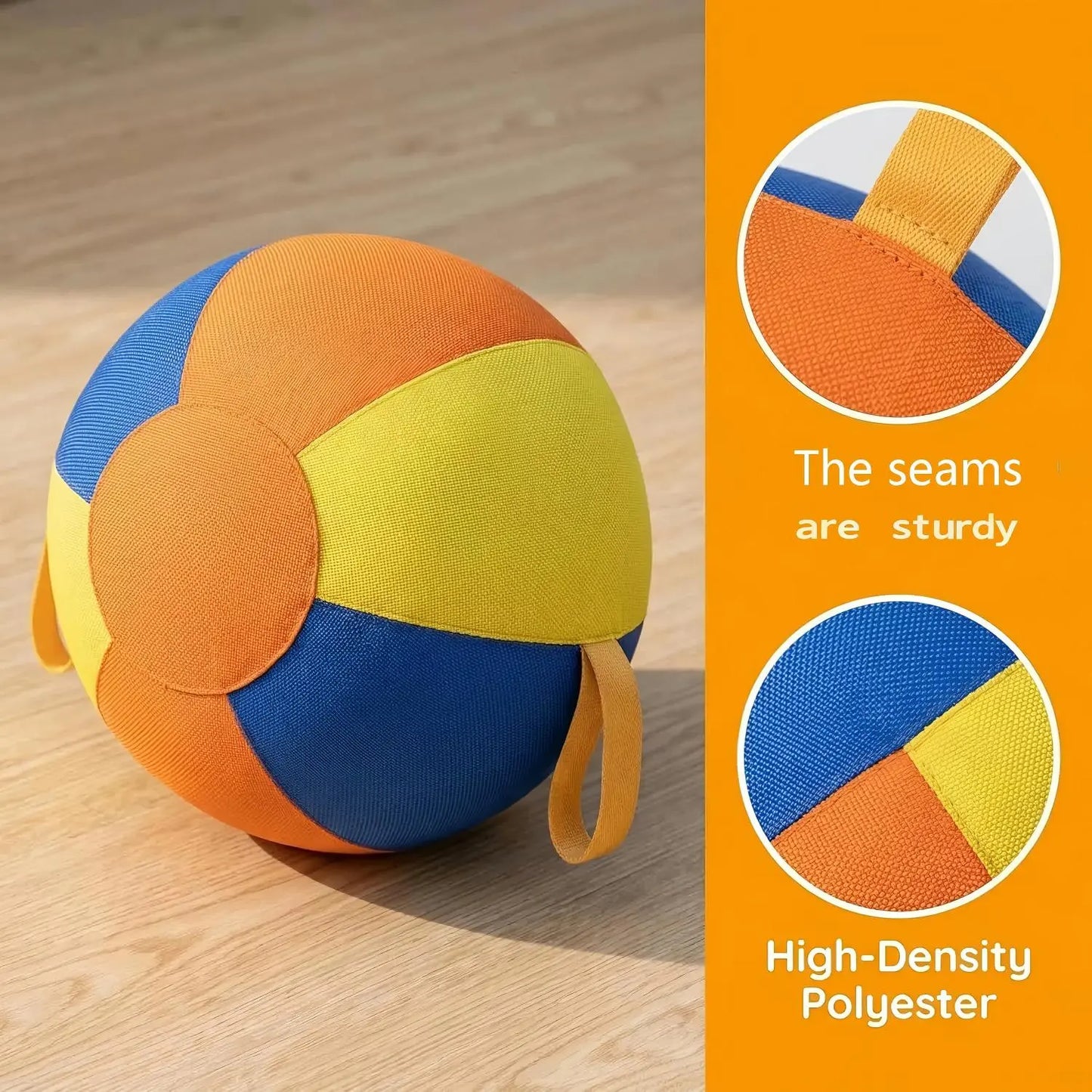 WarmMore Inc. herding ball for a dog in orange, yellow, and blue with sturdy seams and high-density polyester