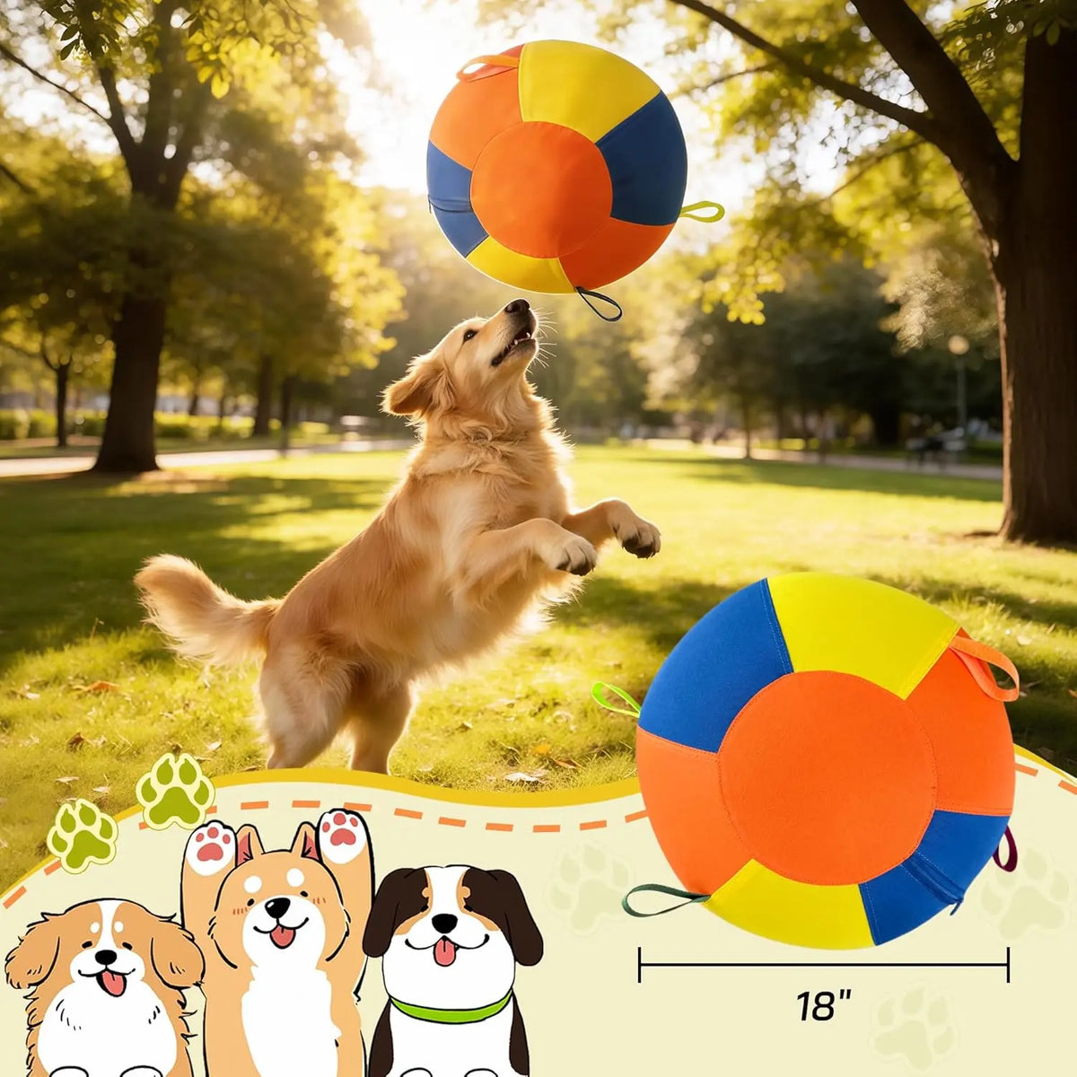WarmMore Inc. herding ball for a dog colorful 18 inch outdoor training toy with golden retriever