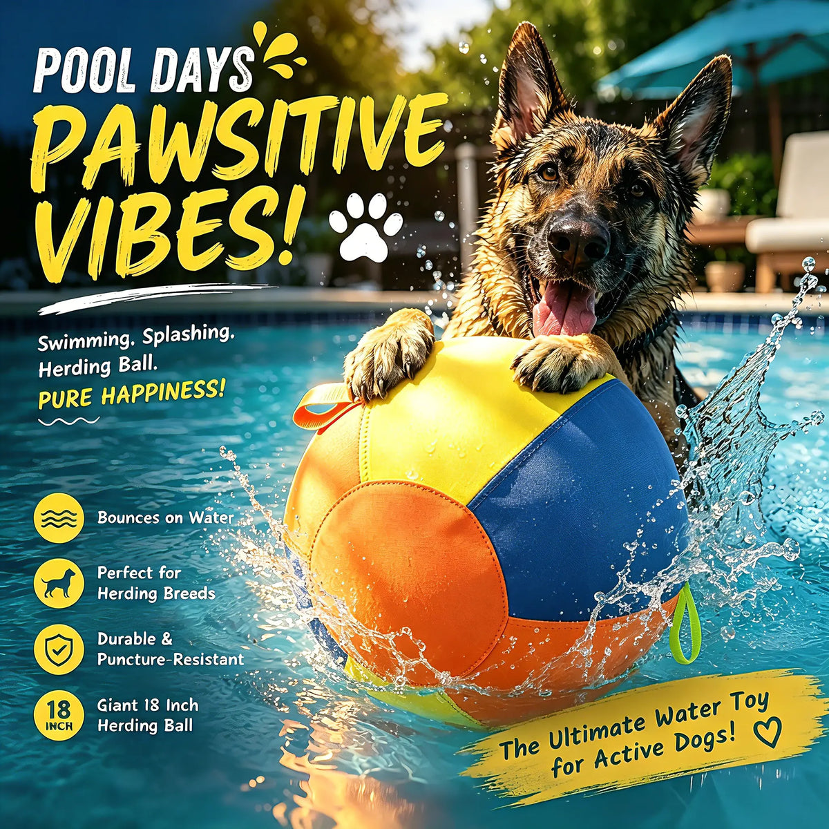 Dog playing in a pool with a colorful herding ball for a dog by WarmMore Inc perfect for herding breeds
