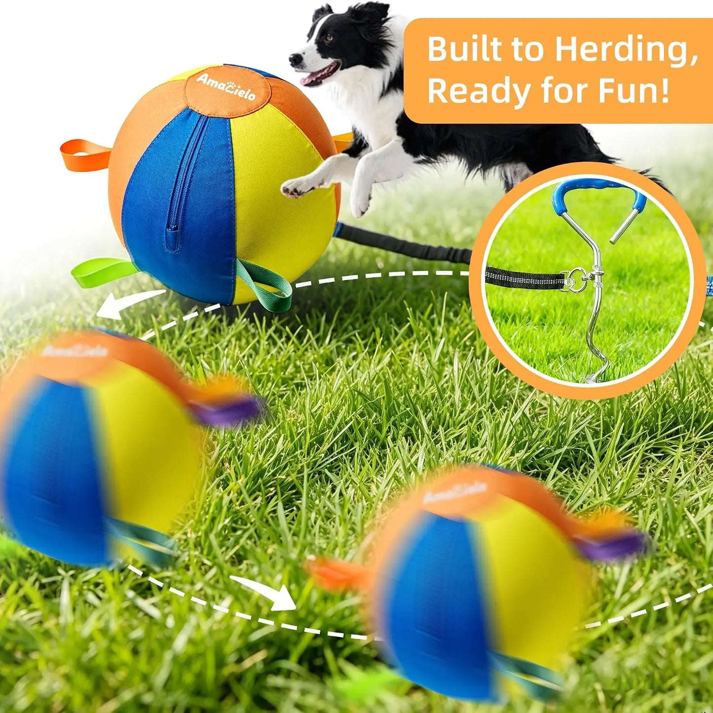 Indestructible herding ball with double-stitched cover and bungee cord
