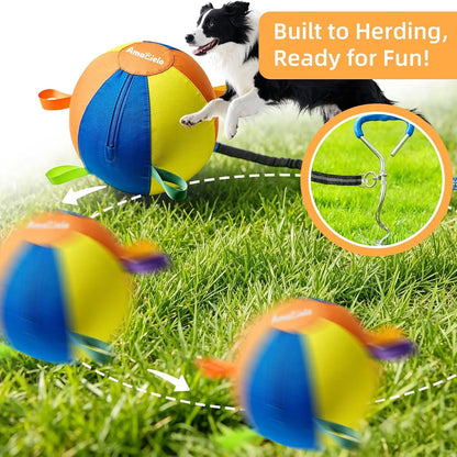Indestructible herding ball with double-stitched cover and bungee cord