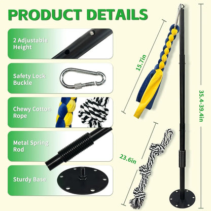 Interactive Tether Tug Dog Toy with adjustable height, safety lock buckle, cotton rope, metal spring rod, and sturdy base