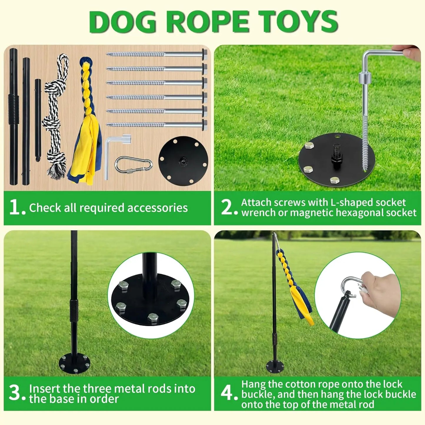 Interactive Tether Tug Dog Toy components and assembly steps displayed on grass for outdoor play