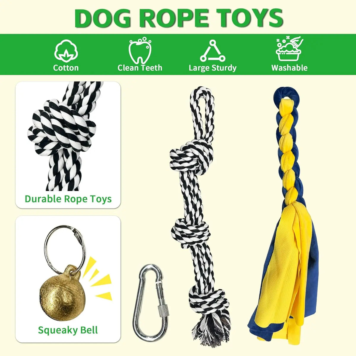 WarmMore Inc Interactive Tether Tug Dog Toy with durable rope, squeaky bell, and secure clip for outdoor play