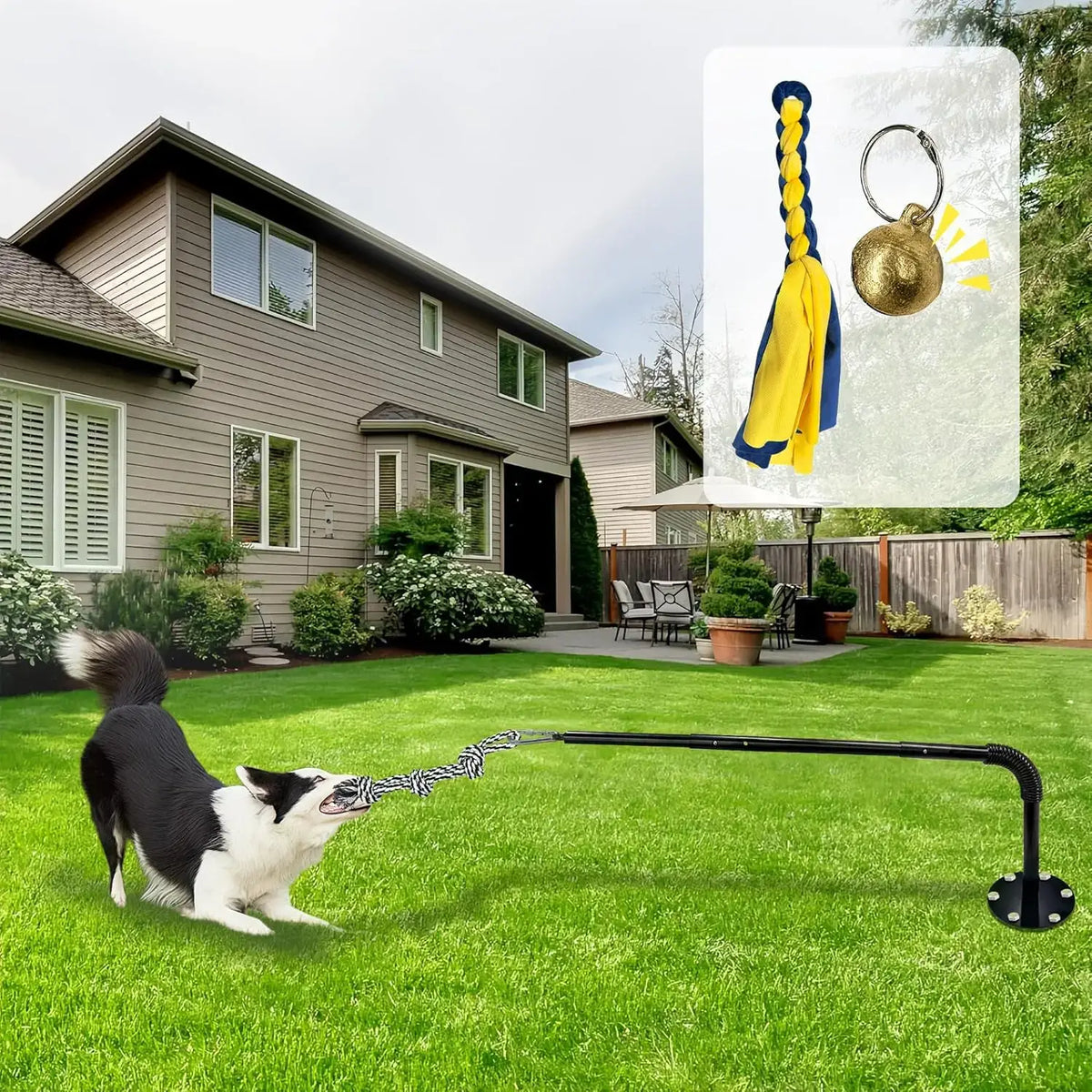 Interactive Tether Tug Dog Toy by WarmMore Inc with durable rope and bell for outdoor play in backyard