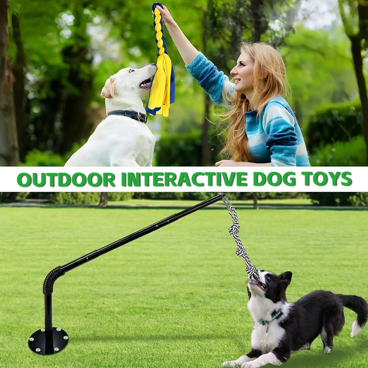 Interactive Tether Tug Dog Toy from WarmMore Inc with a woman playing tug with a white dog outdoors