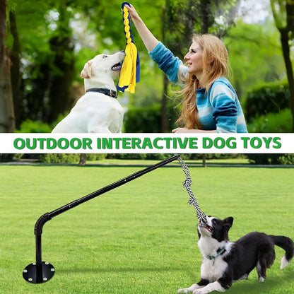 Interactive Tether Tug Dog Toy from WarmMore Inc with a woman playing tug with a white dog outdoors
