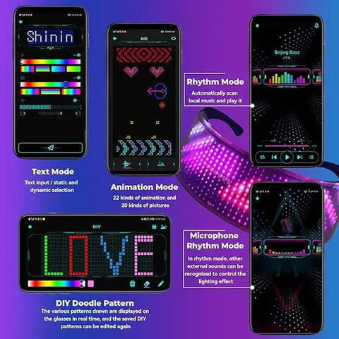 AmaCielo app-controlled led magnifying glasses showing customizable text, animation, rhythm, and microphone modes on a smartphone app