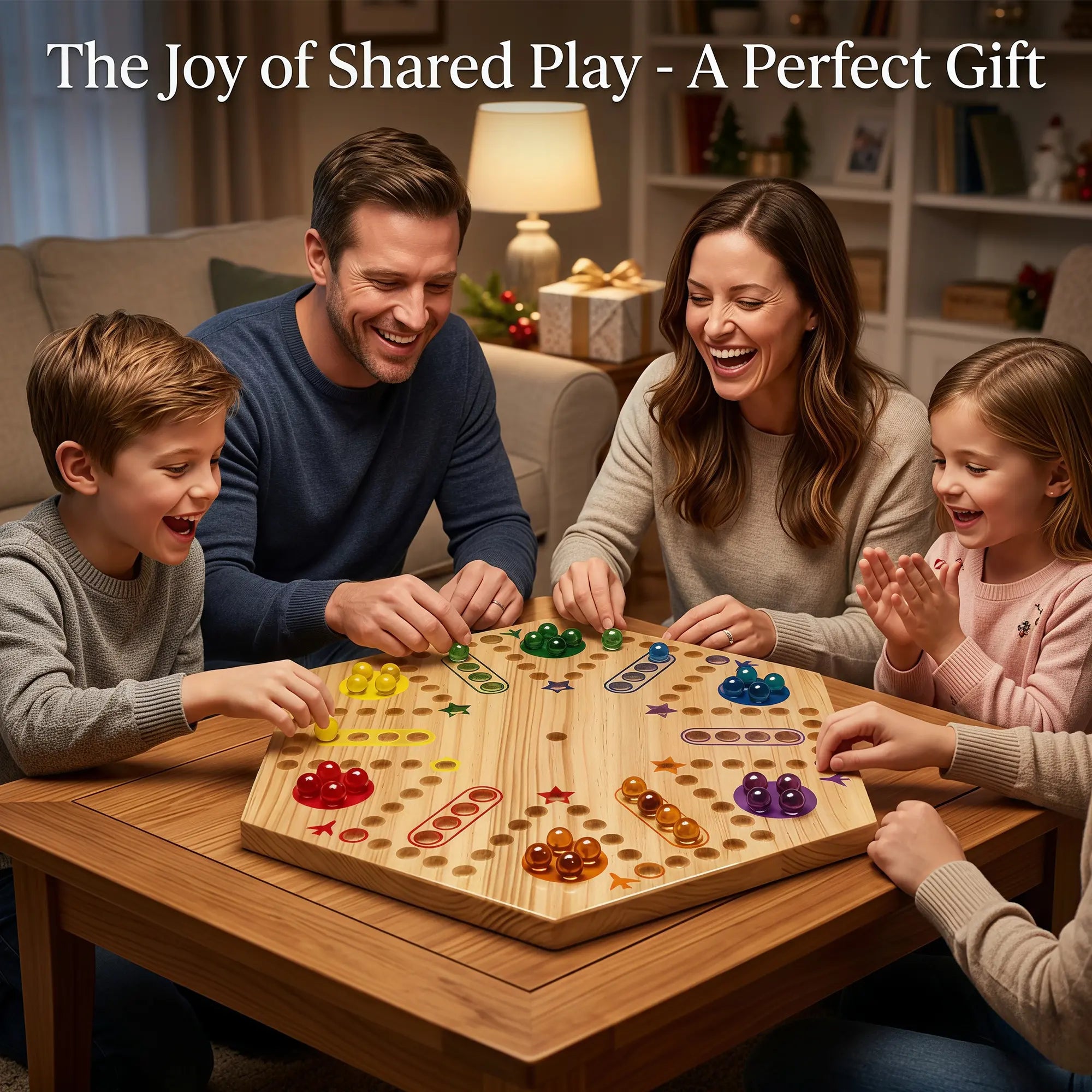 Family playing marble games on a board in a cozy living room