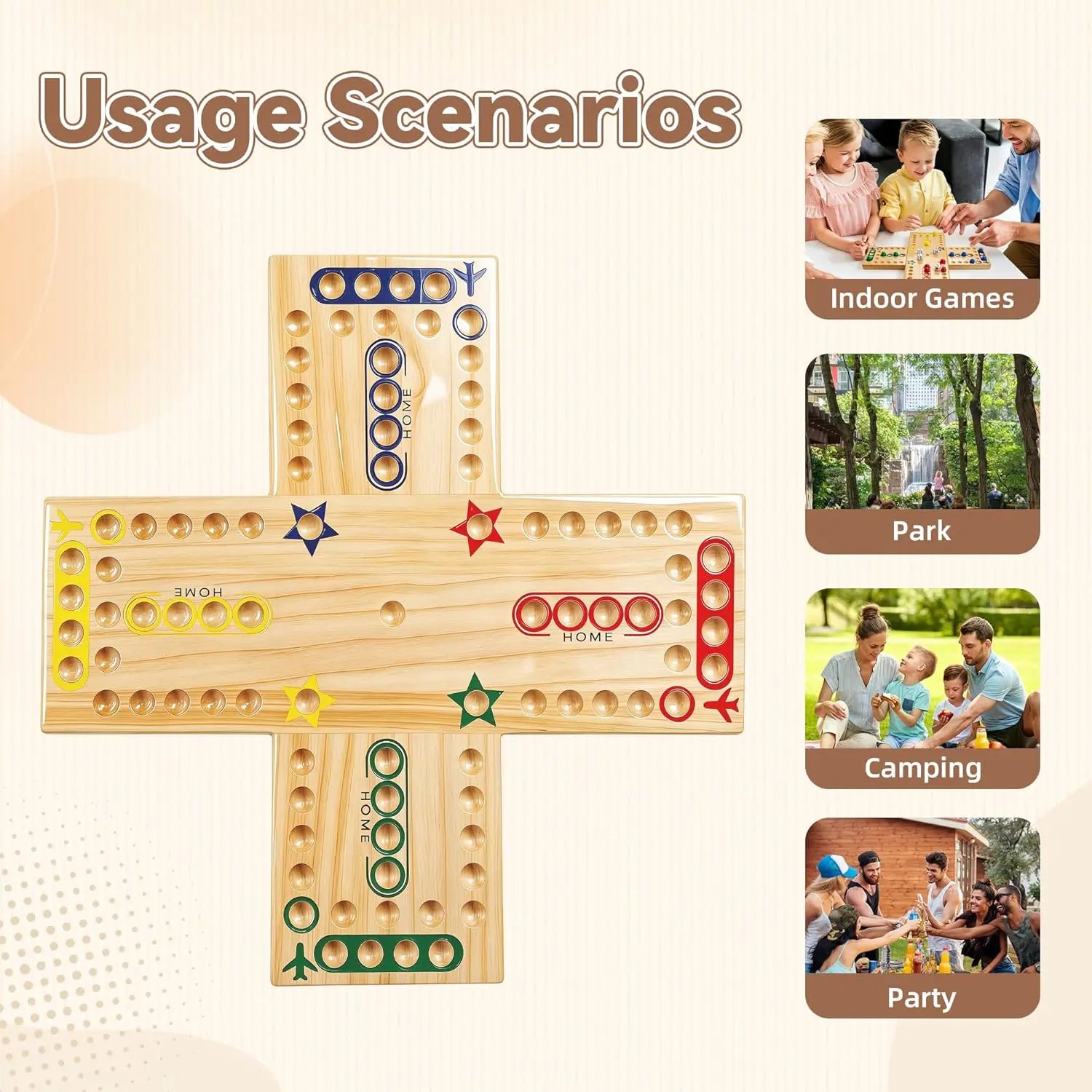 Traditional wooden game board setup for a 6 player competitive match