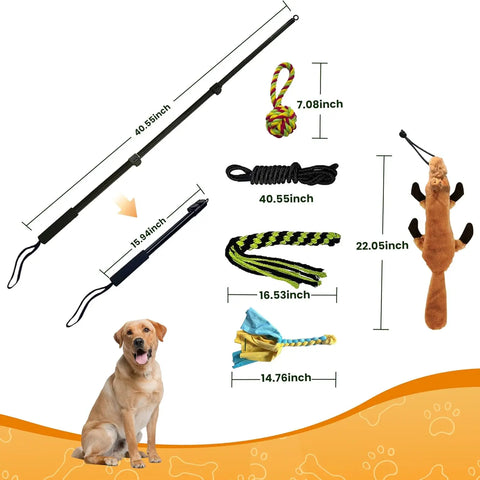 GRETMIX flirt pole for dogs with multiple interchangeable toys including a poodle dog toy and measuring details