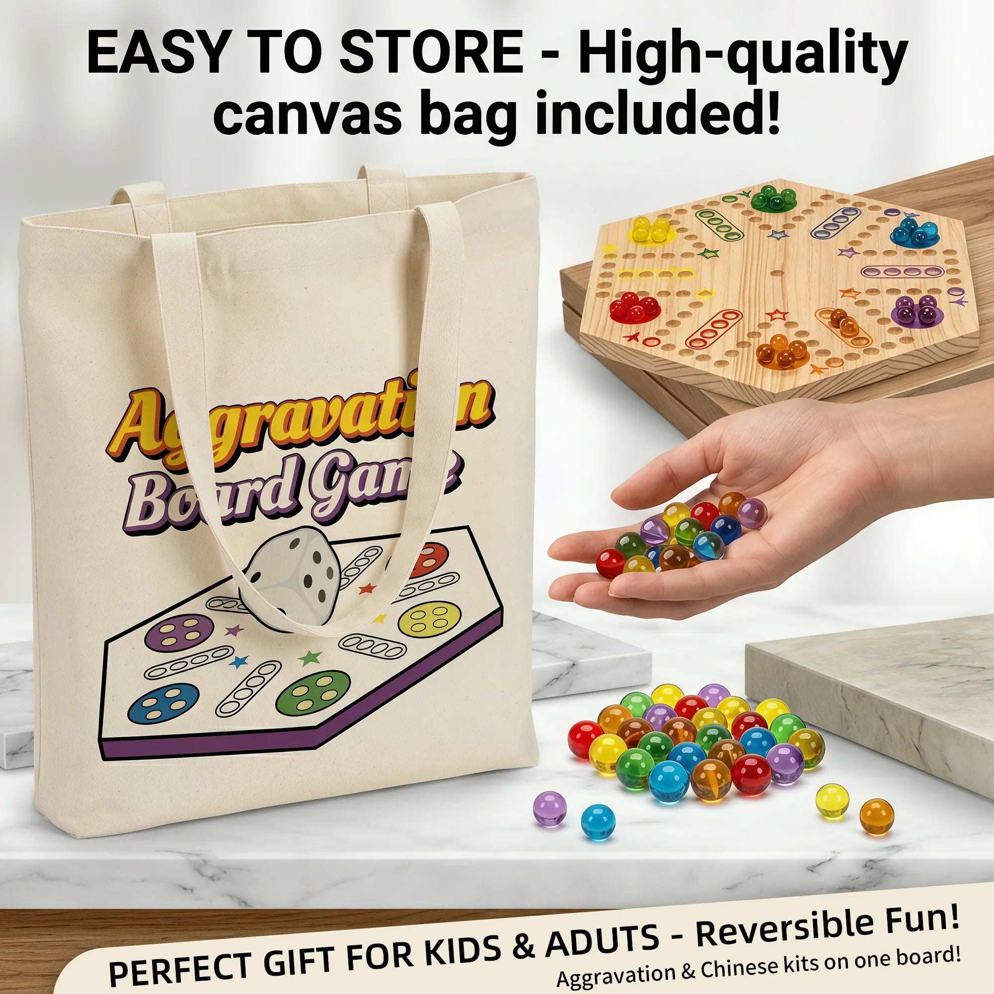 Black drawstring bag for storing 72 glass marbles and dice