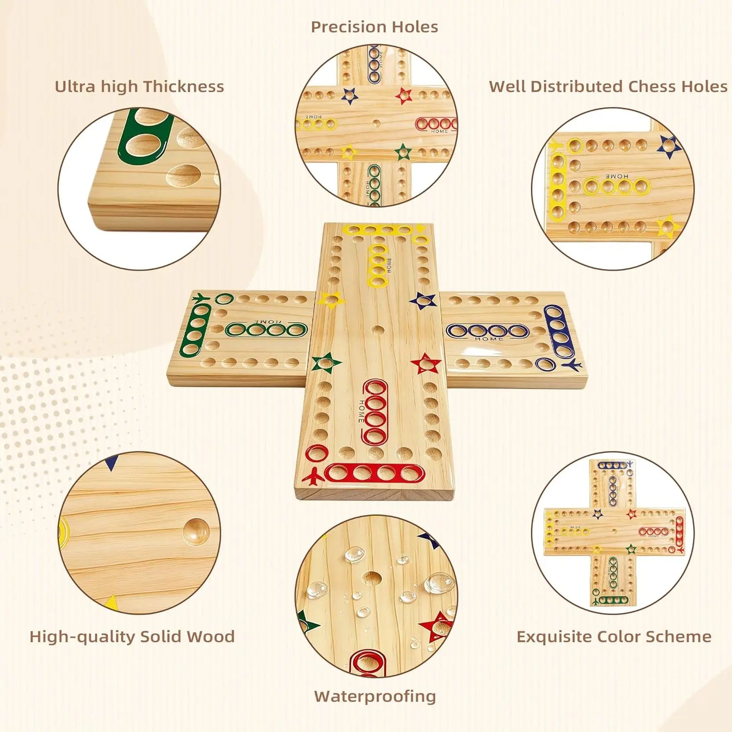 Close up of precision drilled holes on a smooth painted wooden game board