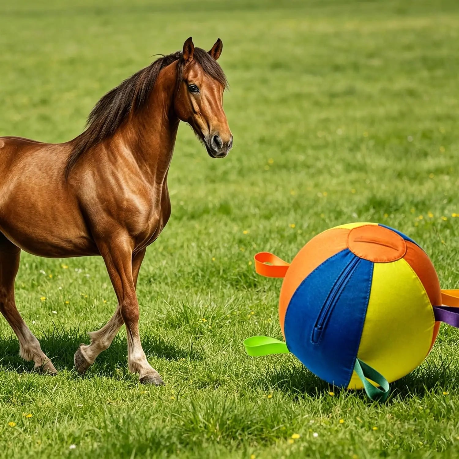 Rugged bungee cord attachment on a heavy-duty dog herding ball