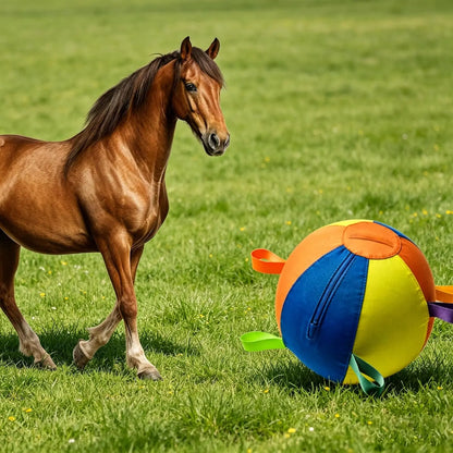 Rugged bungee cord attachment on a heavy-duty dog herding ball