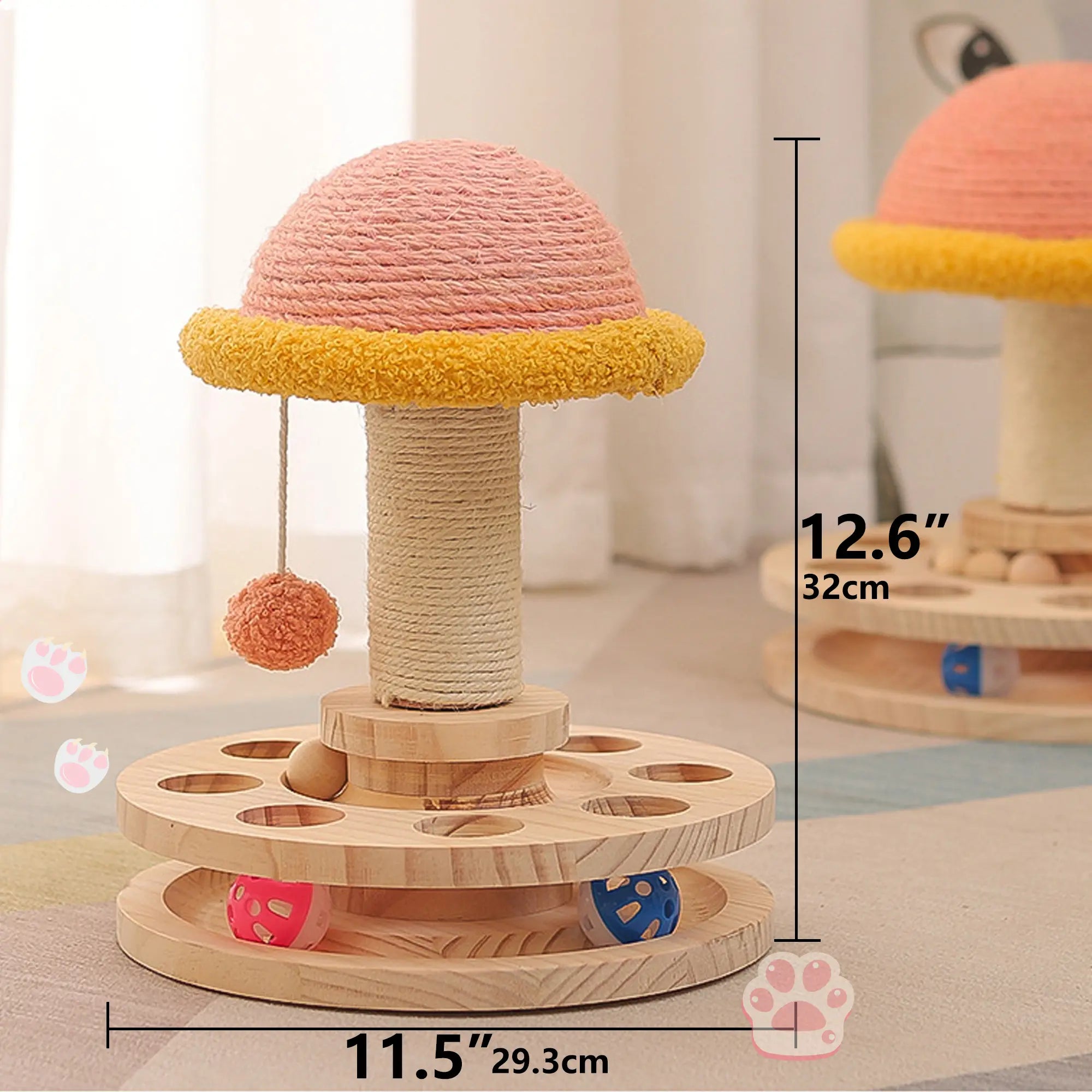 FelRelWel scratching cat post with mushroom design and interactive toy balls for cats
