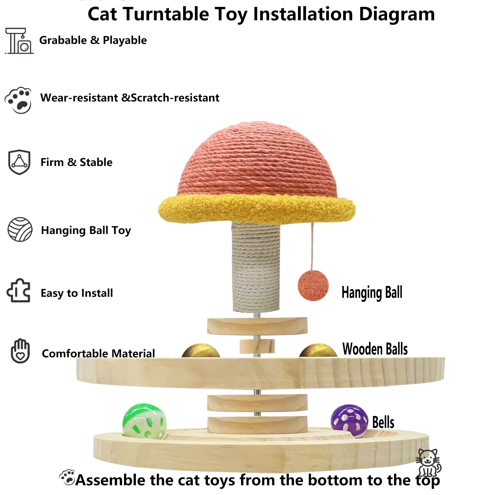 FelRelWel scratching cat post with wear-resistant sisal, hanging ball toy, wooden balls, and bells