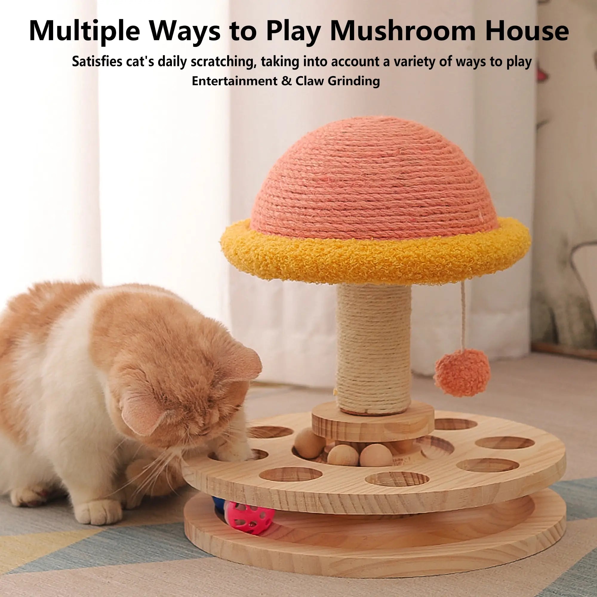 FelRelWel scratching cat post shaped like a mushroom house with hanging ball and interactive wooden base