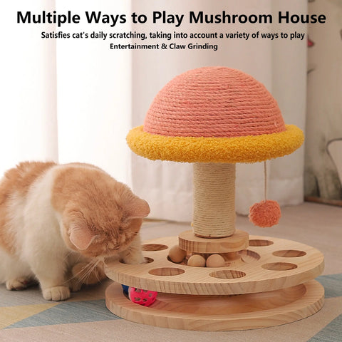 FelRelWel scratching cat post shaped like a mushroom house with hanging ball and interactive wooden base