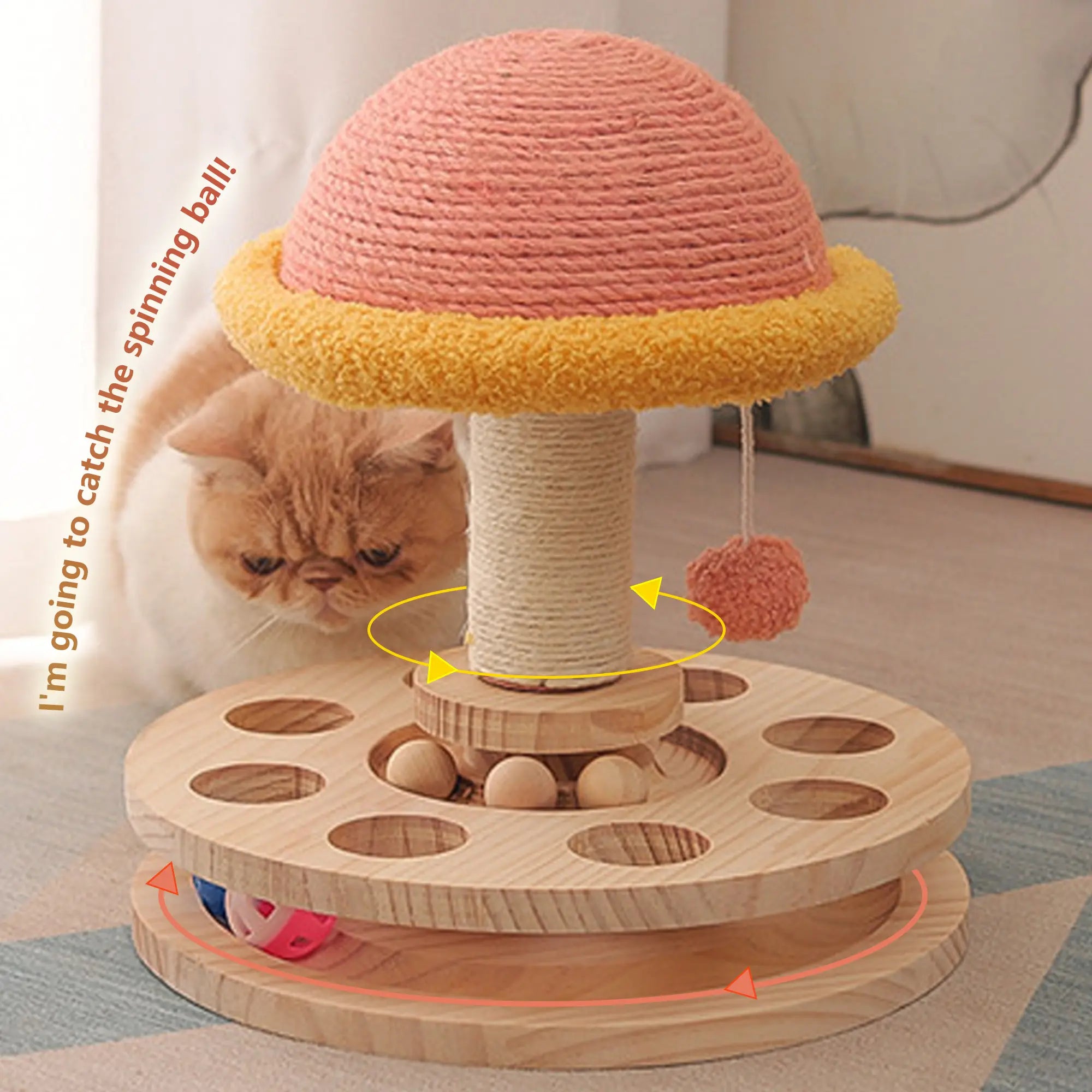 FelRelWel scratching cat post with wooden spinning base, sisal rope pillar, and hanging pom pom toy