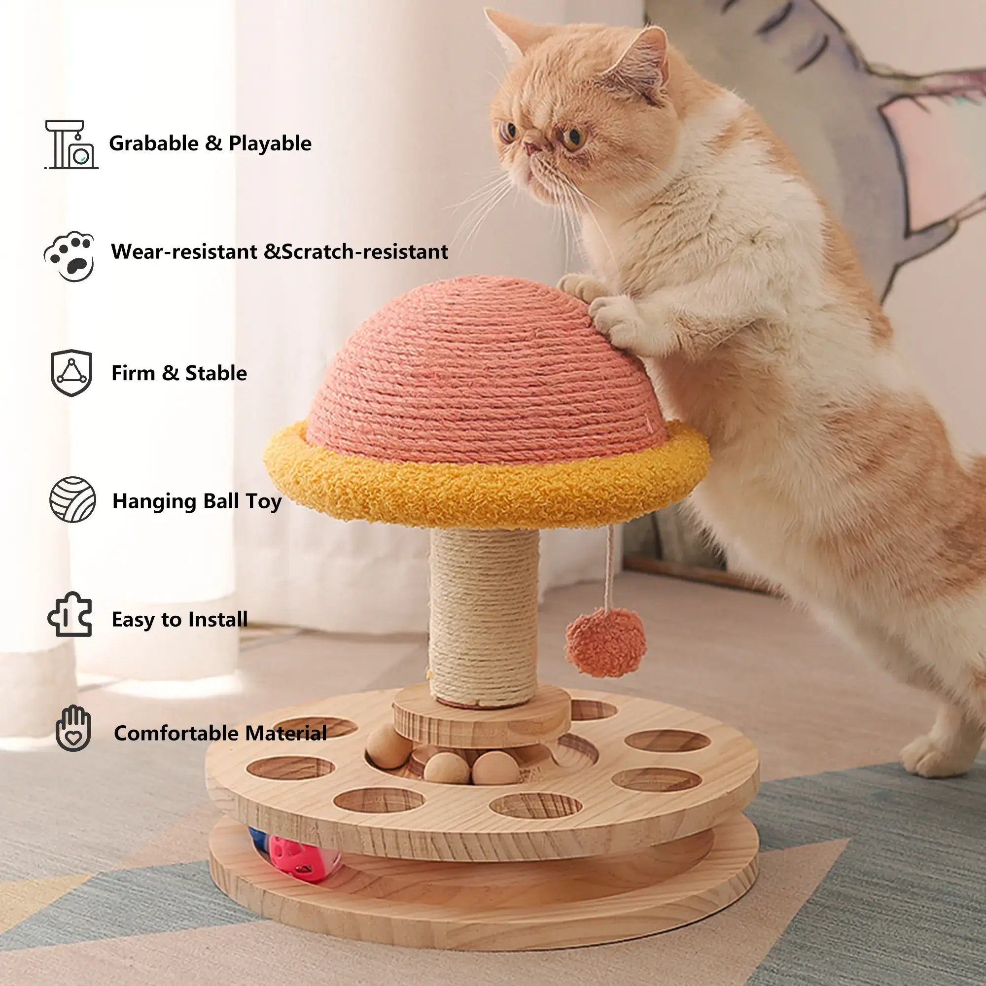 FelRelWel scratching cat post with wooden base, hanging ball toy, and comfortable durable materials