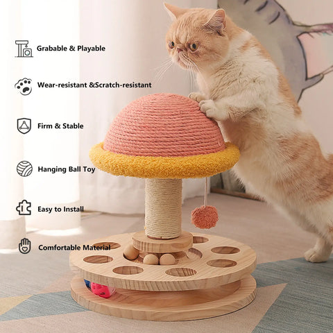 FelRelWel scratching cat post with wooden base, hanging ball toy, and comfortable durable materials
