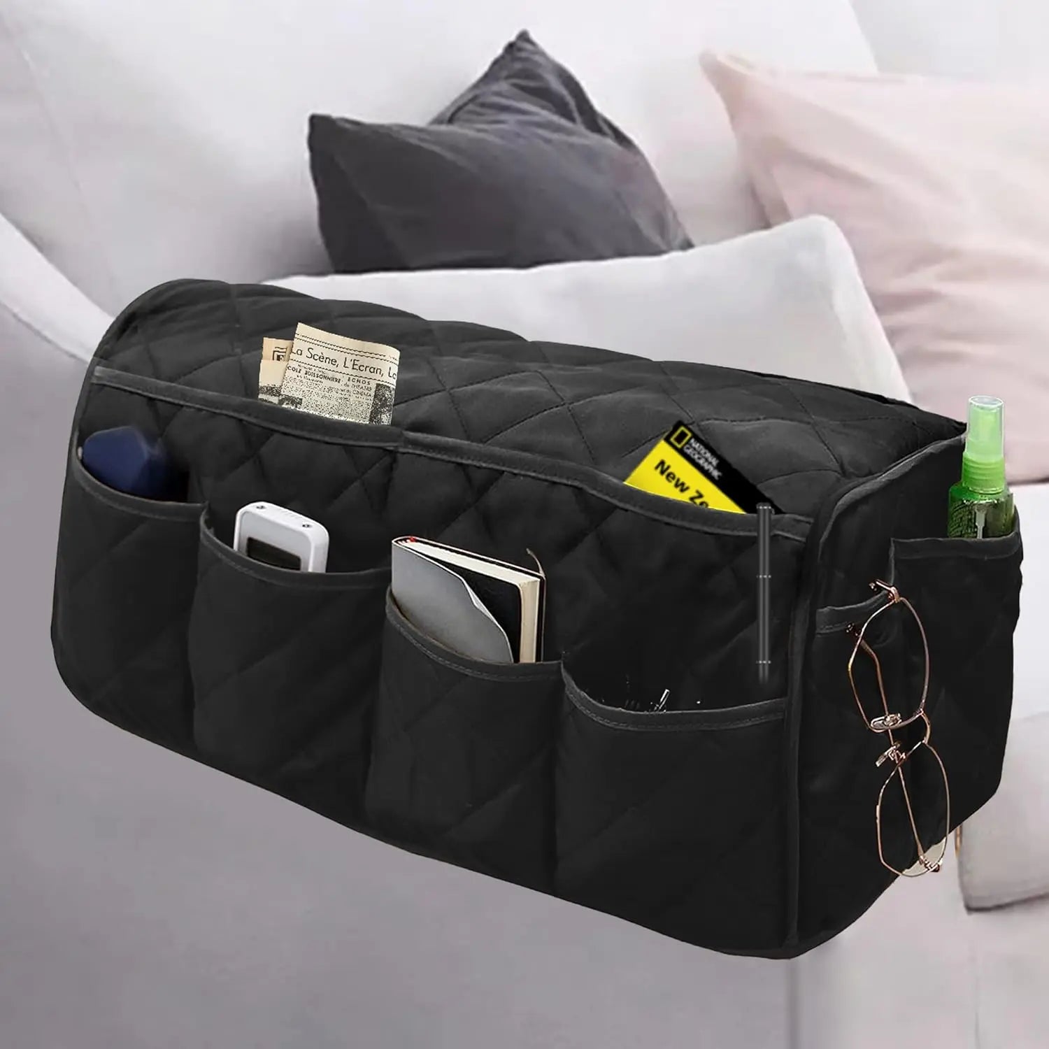 sofa-armrest-organizer-with-pockets-black-quilted-pocket-storage - Warmmore Inc.