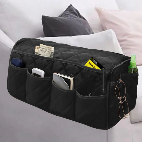 sofa-armrest-organizer-with-pockets-black-quilted-pocket-storage - Warmmore Inc.