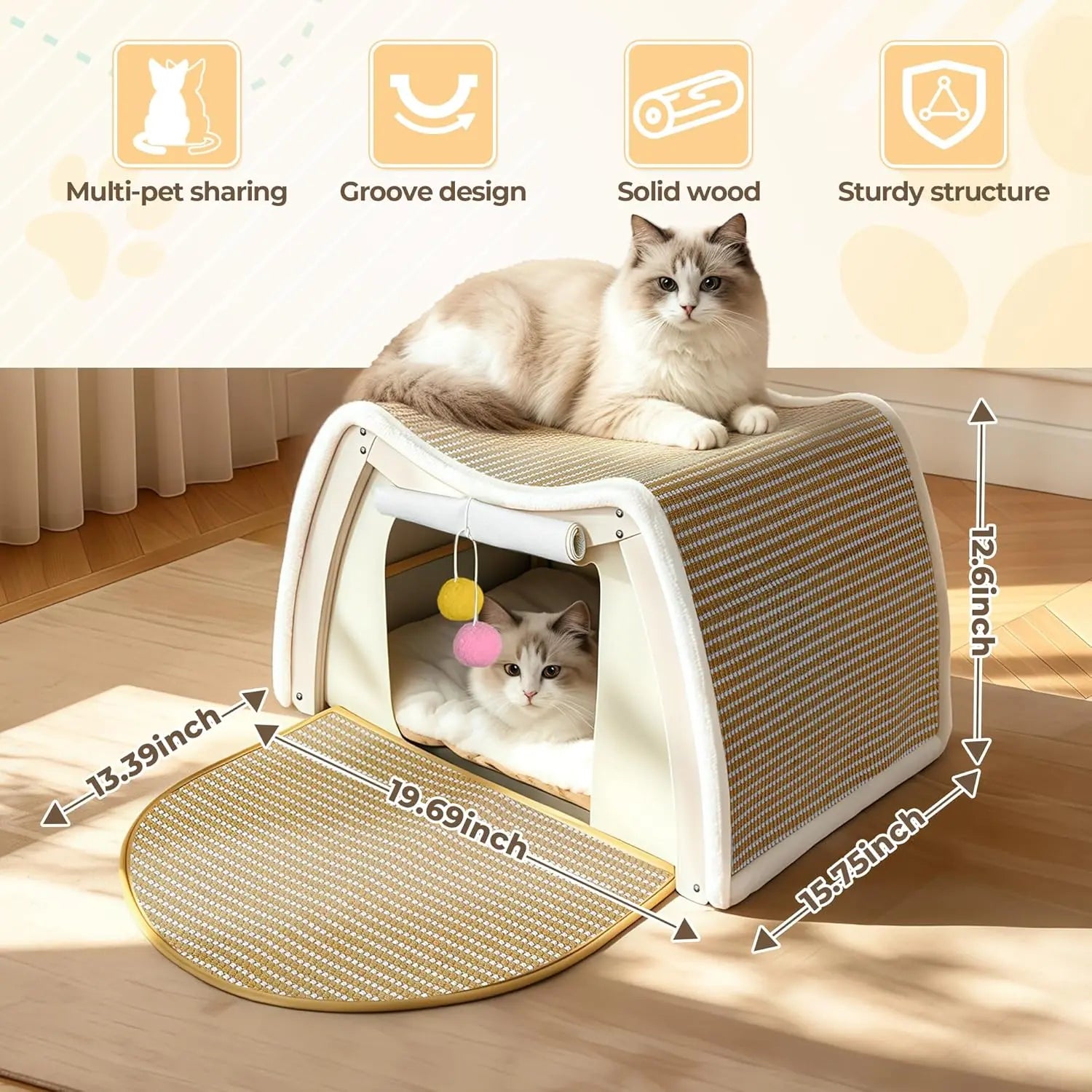 Durable solid wood frame cat houses for indoor cats showing stability