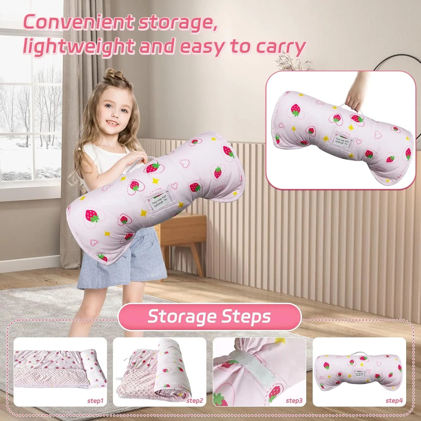 Googgoing toddler sleep sack with strawberry print shown rolled up for convenient storage and easy carrying