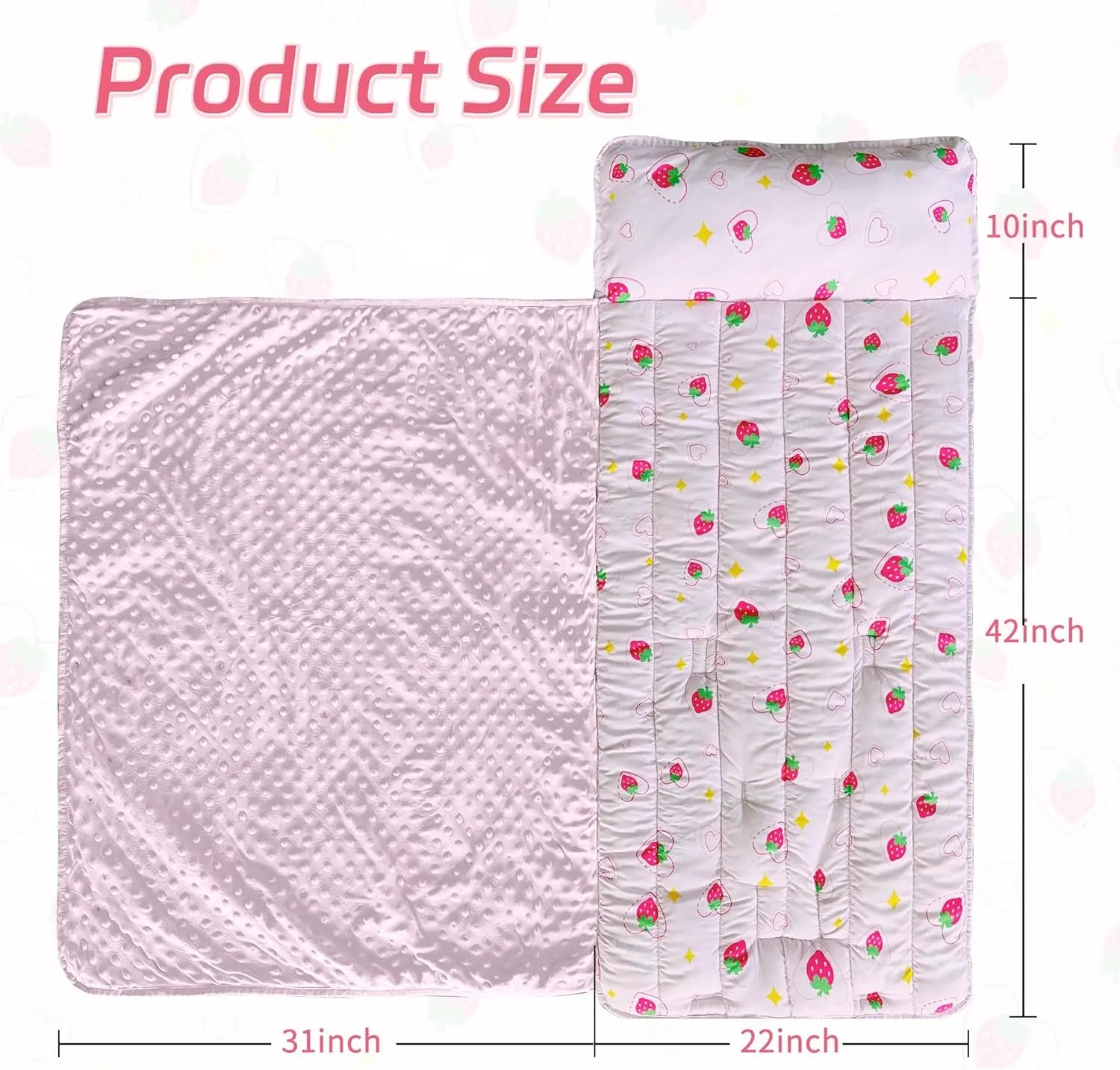 Googgoing toddler sleep sack with attached blanket and strawberry print measuring 42 by 22 inches