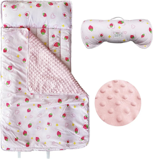 Googgoing toddler sleep sack with pink strawberry print and matching textured pillow for comfort