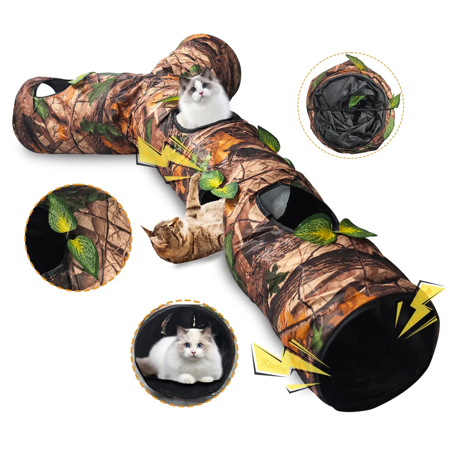 Warmmore camouflage cat tunnel for cat with multiple openings and playful cats inside