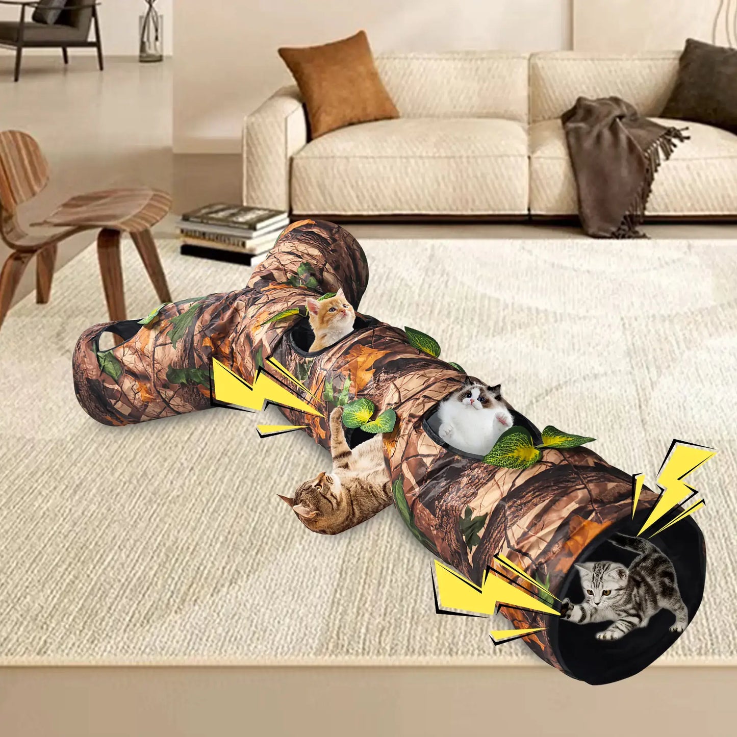 Warmmore camouflage style tunnel for cat with multiple cats playing inside in living room