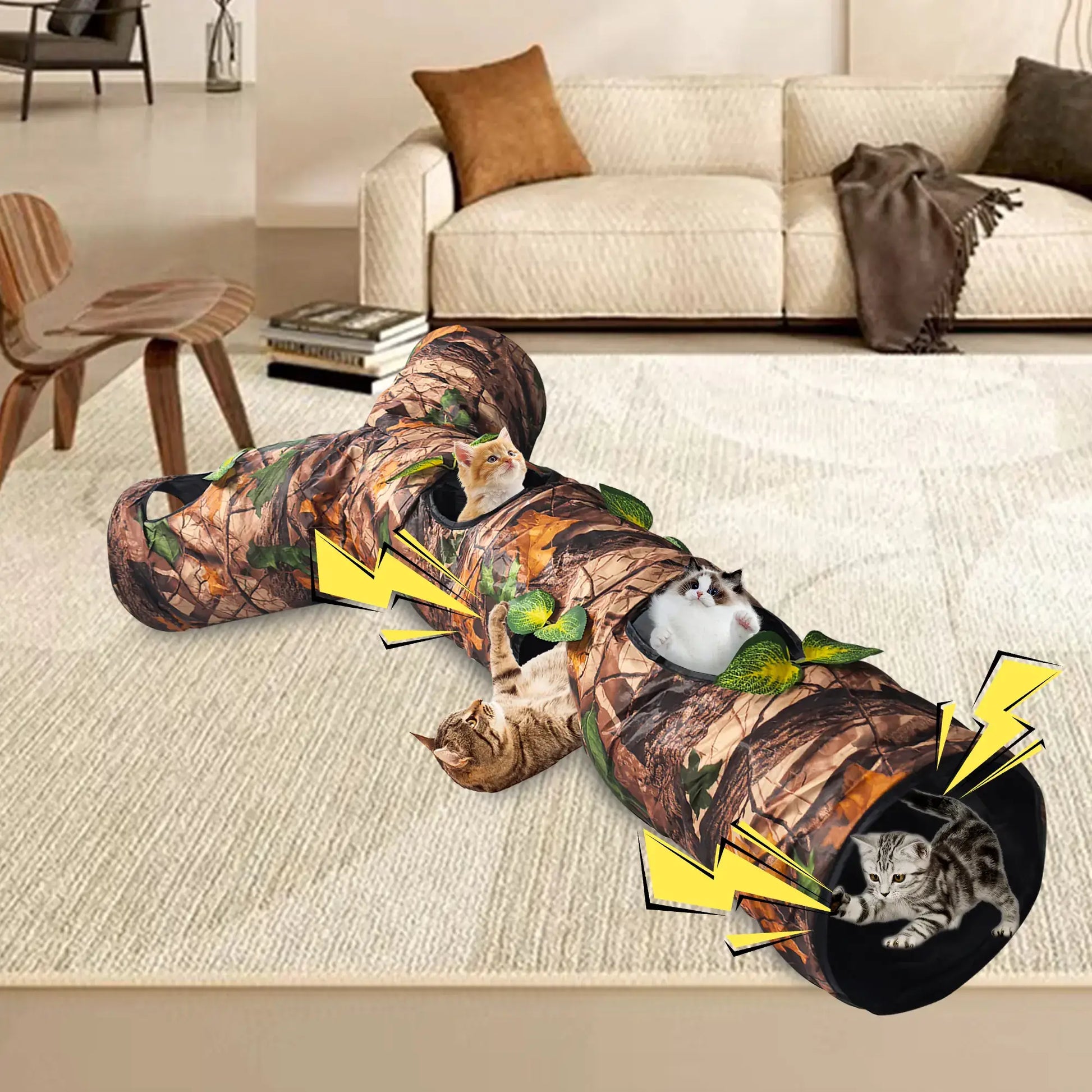 Warmmore camouflage style tunnel for cat with multiple cats playing inside in living room