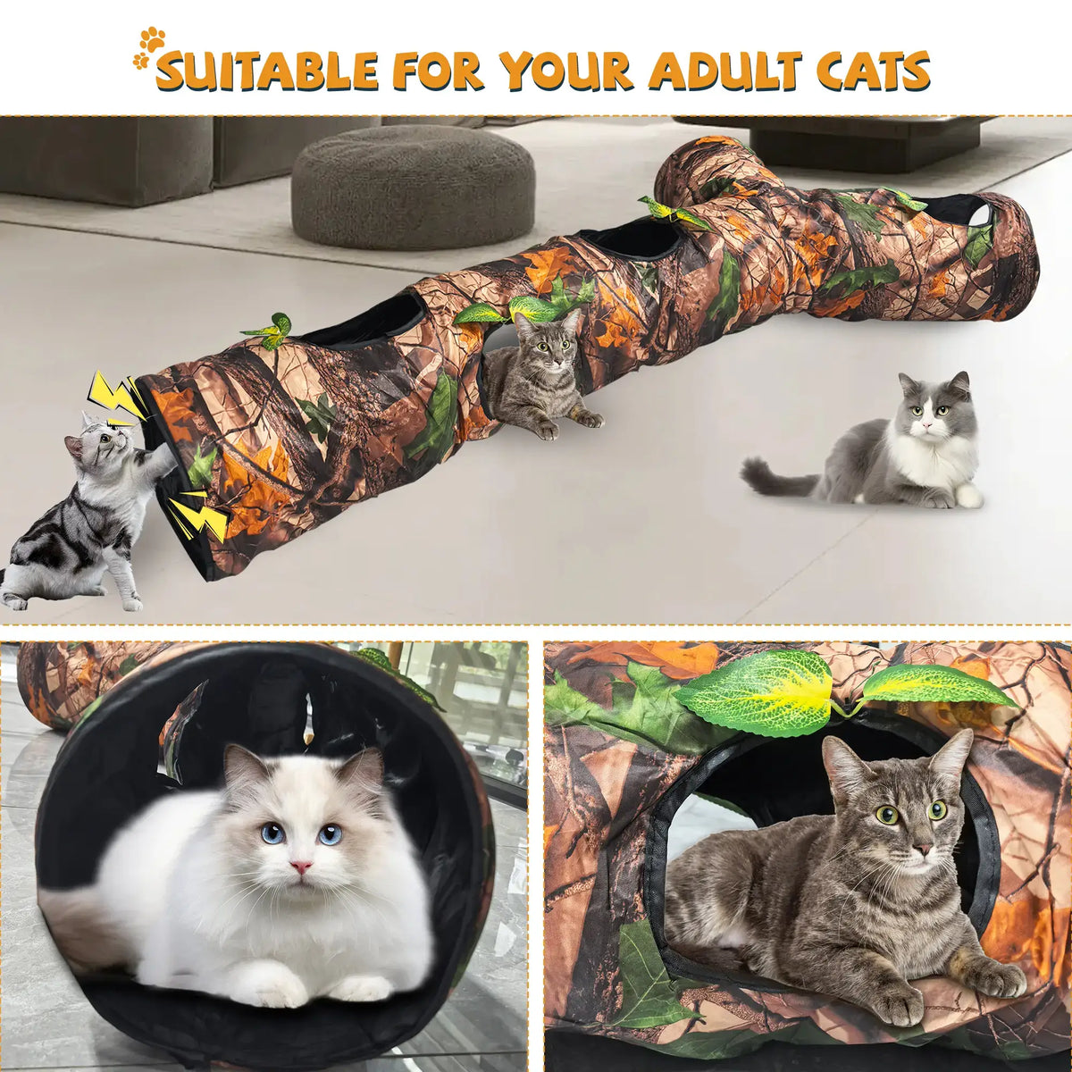 Warmmore camouflage tunnel for cat with multiple openings, suitable for adult cats to play and rest