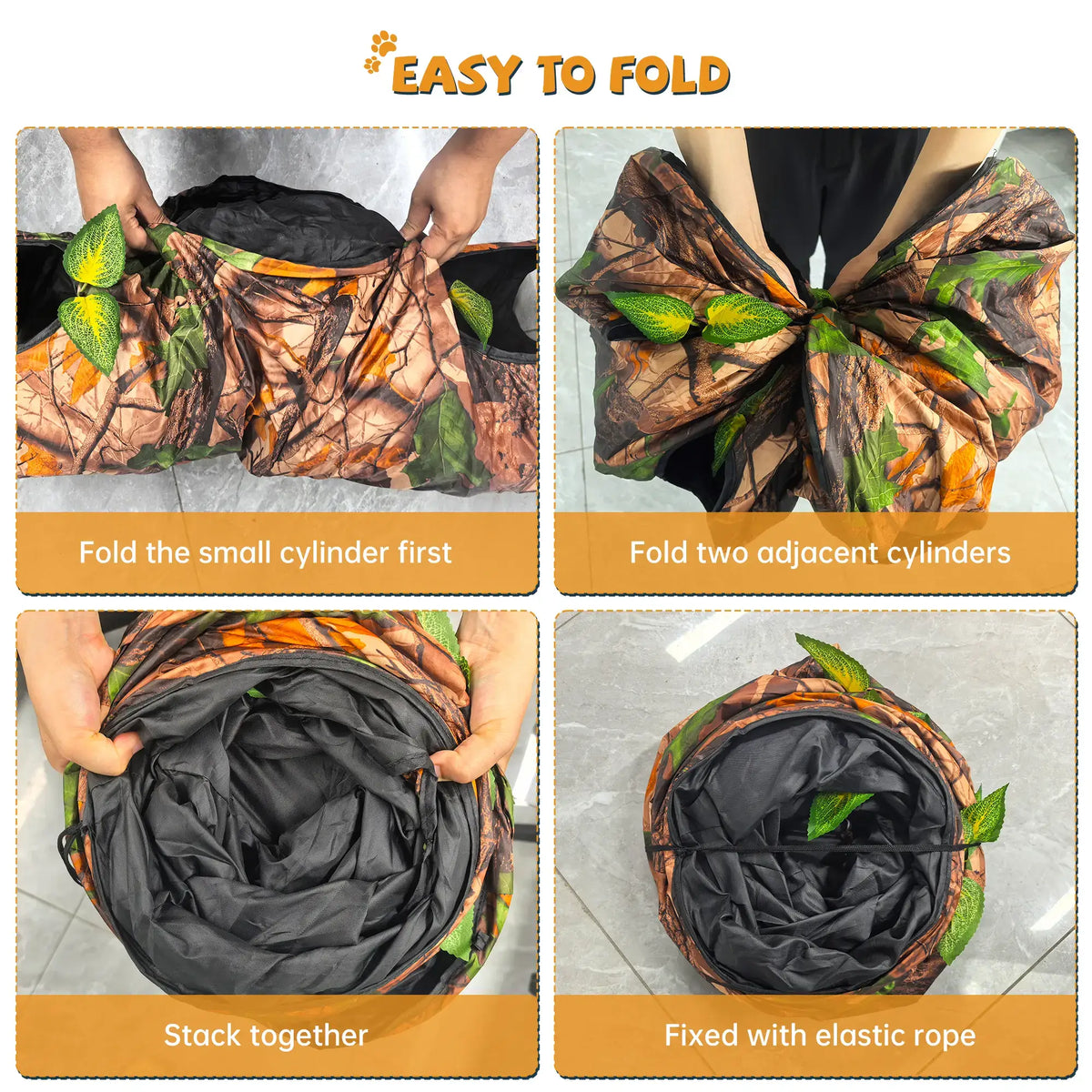 Warmmore easy to fold tunnel for cat with camouflage pattern being folded and stacked for storage