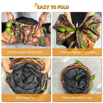 Warmmore easy to fold tunnel for cat with camouflage pattern being folded and stacked for storage